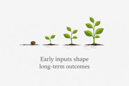 A simple illustration showing a seed growing into a mature plant in stages.